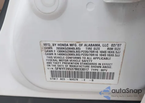 2007 Honda Pilot Ex-L z USA, uszkodzony, nr VIN 5FNYF28537B033017